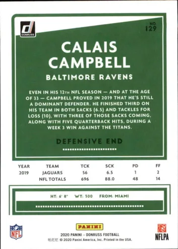 Vista 2 de 2020 Donruss #129 Calais Campbell Baltimore Ravens NFL Football Card NM-MT