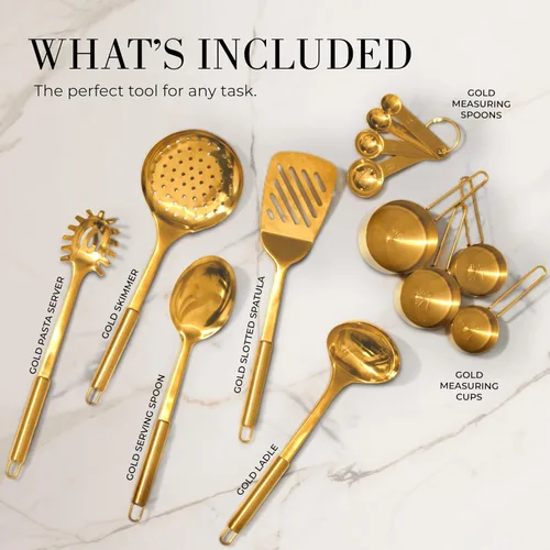 Vista 2 de Juego de utensilios de cocina dorados con tazas medidoras y cucharas, 13 piezas de accesorios de cocina dorados de lujo, incluye tazas medidoras