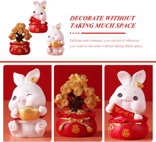 Vista 6 de 3 figuras de conejo del zodiaco chino en miniatura, estatuas de conejo, año de conejo, Fengshui, árbol de dinero, adorno para Año Nuevo, hogar