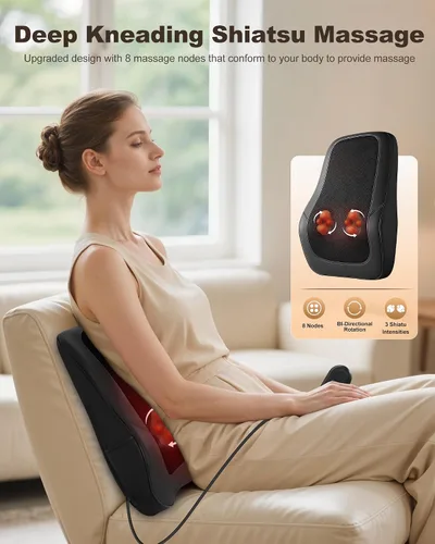 Vista 3 de Beleduc Masajeador de espalda Shiatsu con calor, masajeador de espalda para dolor de espalda, tejido profundo, masaje de vibración, almohada
