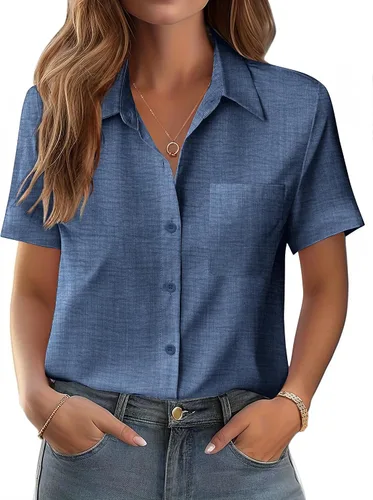 Vista 24 de Zeagoo Blusa de manga corta con botones para mujer, con bolsillo en el busto, para negocios, casual, para el trabajo, trajes de verano