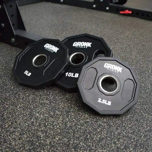 Vista 3 de Gronk Fitness Placas de pesas olímpicas de uretano de 10 lados Pesas duraderas para gimnasios domésticos y comerciales Diseño no rodante