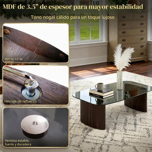 Vista 4 de Mesa de centro moderna de cristal, mesa de centro para sala de estar, tapa de vidrio templado con base de madera resistente, mesas de centro