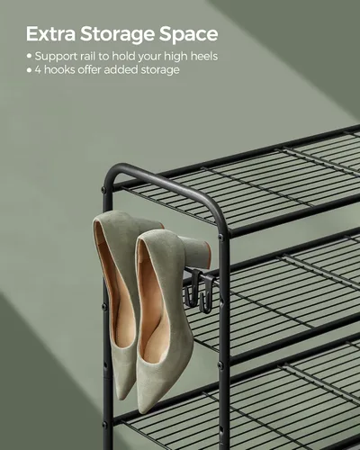 Vista 7 de SONGMICS Zapatero de 2 niveles, organizador de zapatos de metal con 4 ganchos laterales, capacidad para 10 pares de zapatos, zapatero de altura