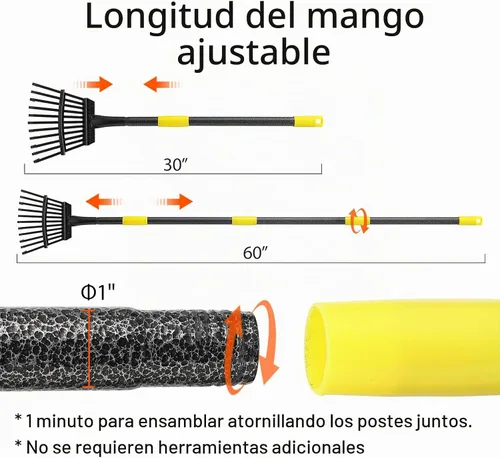 Vista 4 de Oliynedy Rastrillo de jardín de metal ajustable para hojas, mango largo de 30 a 60 pulgadas, 11 dientes de 9 pulgadas de ancho, rastrillo plegable