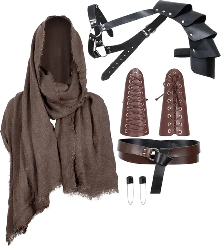 Vista 15 de Cinturón de cuero de caballero medieval para hombre, chal renacentista, capa de medio hombro, bufanda, brazaletes con hebilla, accesorios retro
