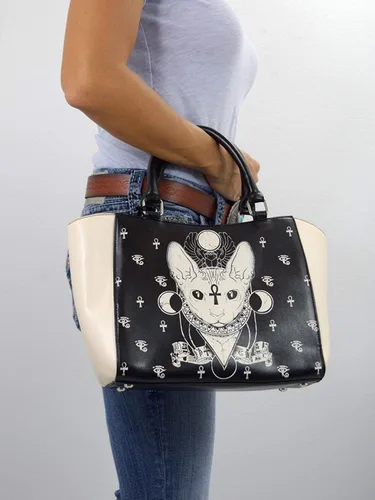 Vista 6 de Lost Queen Gothic Bastet Sphynx Cat Occult Goth - Bolso de mano, negro, crema, pequeño, Crema