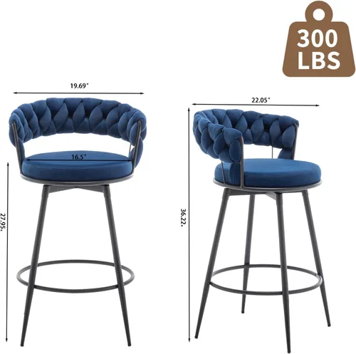 Vista 2 de Juego de 2 taburetes de bar giratorios modernos con respaldo tejido, taburetes de bar de terciopelo para isla de cocina, cafetería, pub, azul