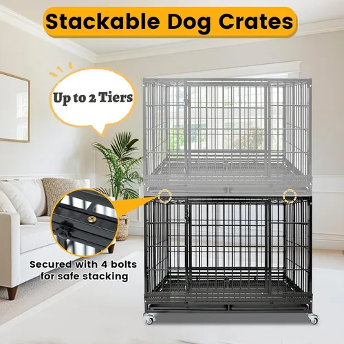 Vista 7 de Jaula apilable de 47 pulgadas para perros grandes de alta ansiedad, jaula indestructible a prueba de escapes para interiores con doble puerta