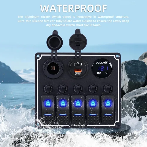 Vista 4 de Panel de interruptores de barco marino de 5 posiciones con cargador USB dual y voltímetro, panel de interruptores basculantes de aluminio