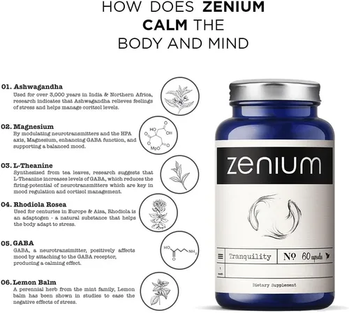 Vista 5 de Zenium - Alivia el estrés, la tensión, la preocupación, el nerviosismo y la irritabilidad Calma la mente y el cuerpo Ayurvédico Suplemento
