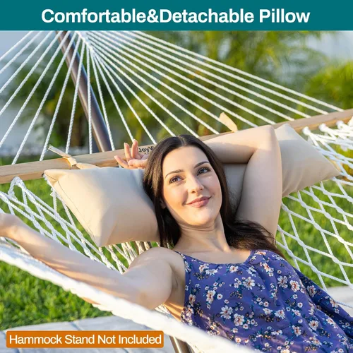 Vista 4 de JoyView Hamaca doble de cuerda tradicional, hamaca de algodón tejida a mano con barra separadora de madera dura y almohada, capacidad de 450 libras