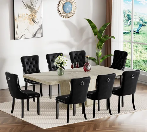 Vista 28 de Henf Juego de mesa de comedor extensible de 5 piezas para 4, 63"-79" Mesa de cocina grande extensible con 4 sillas negras acolchadas, Juego de mesa