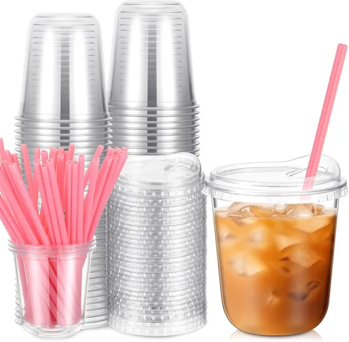 Vista 15 de Ziliny 25 juegos de vasos de plástico con pajitas y tapas de corazón rosa