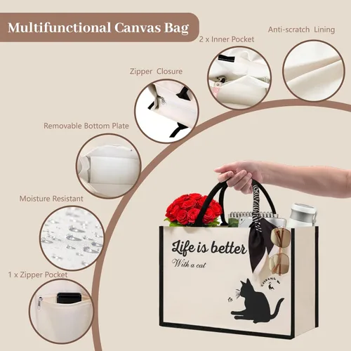 Vista 4 de Cute Tote Bags, 16Oz, 3 Pockets, Cat Large Canvas Tote Bags for Women, Anti-Scratch Lining Large Tote Bag with Zipper