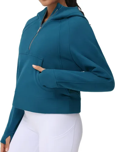 Vista 5 de THE GYM PEOPLE Sudaderas con capucha para mujer, media cremallera, manga larga, forro polar, con bolsillos, agujero para el pulgar