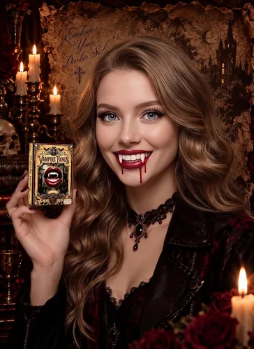 Vista 7 de Colmillos de dientes de vampiro, disfraz realista de Halloween Crema Claro