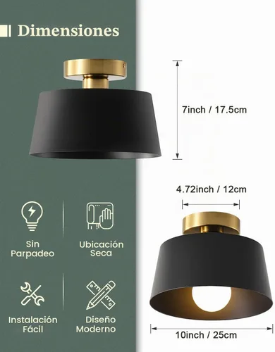 Vista 4 de Lámpara de Techo Moderna Semi Empotrada con Placa Dorada y Pantalla Negra Mate, Lámpara de Techo Estilo Granja para Isla de Cocina Comedor Vestíbulo