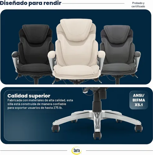 Vista 11 de Serta AIR Health and Wellness - Silla de oficina ejecutiva, respaldo alto, ergonómica grande y alta para soporte de madera, giratoria, piel Blanco