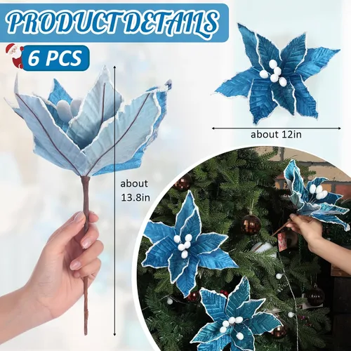 Vista 2 de Zeyune 6 Piezas Flores de Pascua Azules de Navidad Artificiales Grandes Espinas de Pascua Falsas Flores de Franela con Borde Helado para Adornos