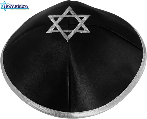 Vista 6 de Paquete de 10 piezas Hq 7.9 in Satin Kipá con cuerda de plataoro+Estrella de David para hombres y niños, sombrero Yamaka de Israel, Negro-Plata