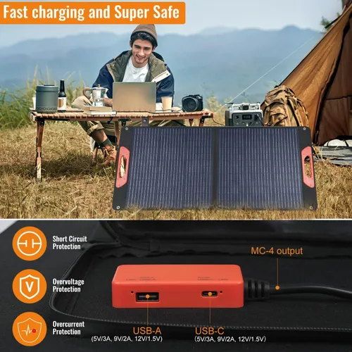 Vista 5 de Panel solar plegable de 100 W - Cargador para centrales eléctricas Monocristalino 23.5% de alta eficiencia QC3.0 salida USB-A/USB-C IP65