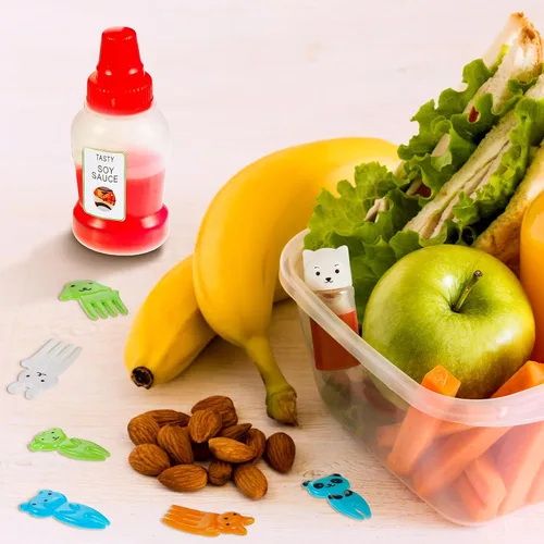 Vista 6 de Contenedor de 26 piezas de lonchera Bento para salsa de soja, 5 mini botellas de plástico para condimentos, lindos accesorios de almuerzo para niños