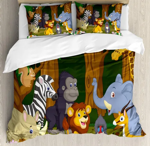 Vista 15 de Ambesonne Juego de funda de edredón natural, pájaros flamencos y palmeras en Miami, exóticos paisajes naturales tropicales, juego de ropa de cama