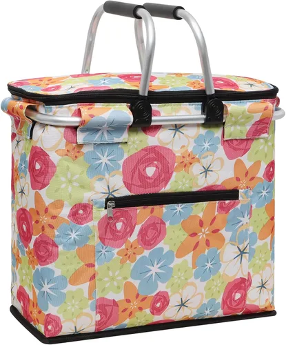 Vista 16 de Cesta de picnic aislada, bolsa enfriadora plegable, cesta de comestibles de 32 litros con tapa, 2 asas resistentes, cesta de almacenamiento