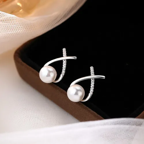 Vista 4 de SLUYNZ Aretes de plata de ley con circonita cúbica X para mujeres, adolescentes, niñas, perlas, aretes