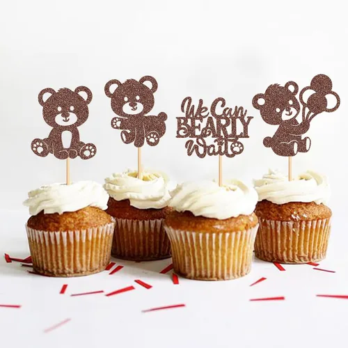 Vista 4 de 24 piezas de decoración para cupcakes con temática de "We Can Bearly Wait" Oso de globos brillantes, decoración temática de revelación de género