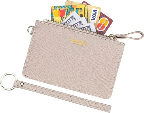 Vista 15 de Estuche Delgado para Tarjetas RFID para Mujer con Correa de Muñeca, Cartera con Cremallera para ID, Cartera de Cuero Pequeña, Monedero con Llavero