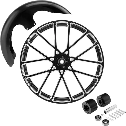 Vista 63 de TCMT Llanta de rueda delantera de 21", buje de rueda de brida de doble disco con guardabarros delantero negro sin pintar, compatible con modelos