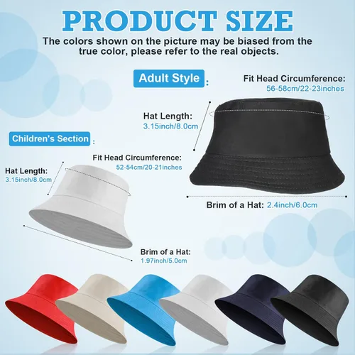 Vista 2 de Paquete de 12 sombreros de pescador de algodón a juego para la familia, sombrero de pescador para niños, a granel, ligero, unisex, sombrero de cubo