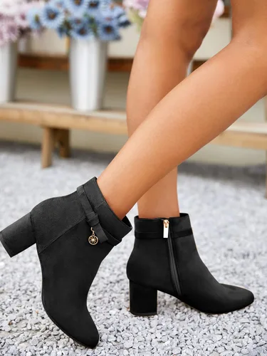 Vista 3 de Coutgo Botines para mujer, tacón bajo grueso, estilo vintage, con nudo de lazo, con cremallera lateral