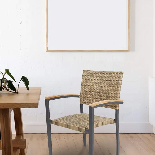 Vista 2 de TRY & DO Juego de 4 sillas de comedor para patio, sillas de comedor apilables de mimbre al aire libre con reposabrazos de madera, marco de aluminio