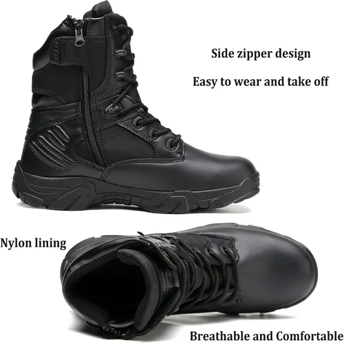 Vista 3 de Botas tácticas para hombre, botas de combate de 8 pulgadas, botas de trabajo para hombres, duraderas con cremallera lateral, botas militares