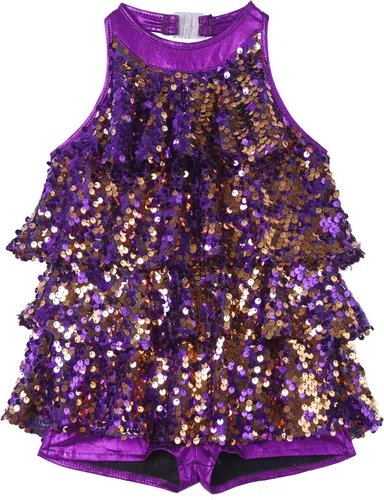 Vista 3 de Freebily Vestido de ballet con lentejuelas brillantes para niñas y niñas, cuello halter, falda de leotardo corto de jazz, hip hop, disfraz de danza