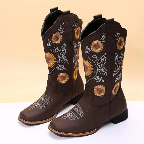 Vista 2 de gloryinterest Botas vaqueras para mujer, botas vaqueras de media pantorrilla, botas occidentales con bordado de girasol, punta cuadrada, tacón bajo