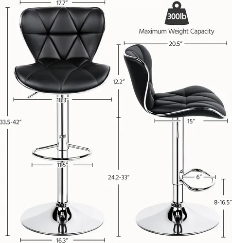 Vista 3 de Yaheetech Juego de 2 taburetes de bar, taburetes de bar ajustables de piel sintética con respaldo de concha, sillas de bar con reposapiés para Negro