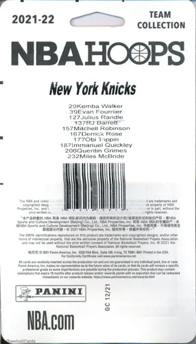 Vista 2 de 2021-22 Panini Hoops New York Knicks Factory Team Set of 10 Cards: Kemba Walker(#29), Evan Fournier(#39), Julius Randle(#127), RJ Barrett(#137)