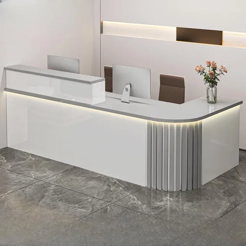 Vista 16 de LITFAD Recepción de computadora en forma de L - Escritorio de recepción de madera fabricada con gabinete, gestión de cables y bandeja para teclado