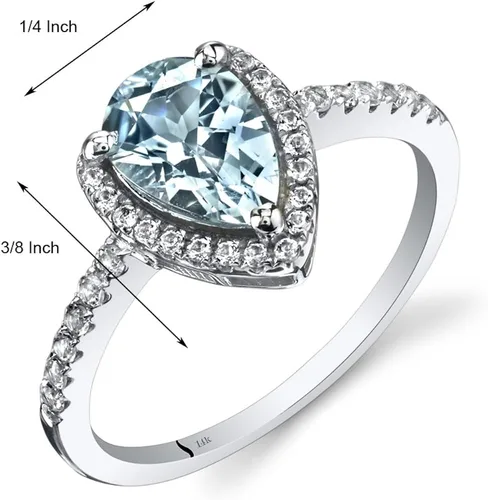 Vista 2 de Peora Anillo de halo de lágrima aguamarina para mujer, oro blanco de 14 quilates con topacio blanco, piedra natal natural, forma de pera de 1