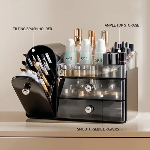 Vista 3 de Bird&Fish Organizador de maquillaje con soporte deslizante para cepillos, organizador transparente para el cuidado de la piel con cajones, Negro