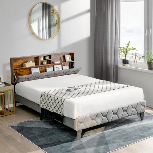 Vista 3 de KOMFOTT Base de cama matrimonial tapizada con cabecera de almacenamiento, base de cama de plataforma con estantes abiertos y espacio