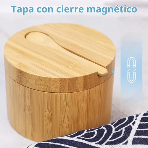 Vista 5 de Sal de bambú HTB con mini cuchara y tapa giratoria magnética Kitchen Salt Box 8 Oz for Countertop,Round Salt Container to Storage Pepper Spice