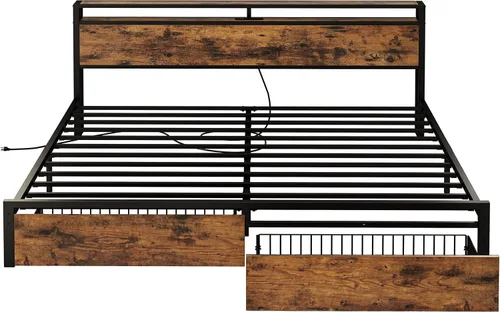 Vista 7 de LIKIMIO Marco de cama King con cabecera de almacenamiento, cama de plataforma con cajones y estación de carga, no necesita somier, fácil montaje