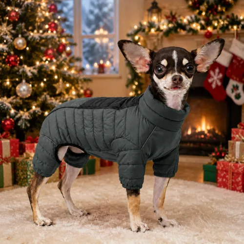 Vista 5 de Suéter para Perro ArmyGreen, Resistente al Viento, Reflectante - Chaqueta de Invierno Dirigible para S, M, L - Cremallera, Tallas Ajustables Verde