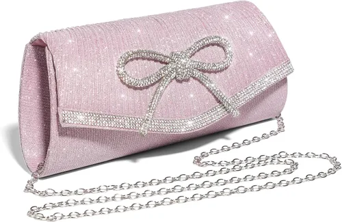 Vista 4 de Bolso de mano con lazo brillante para mujer con diamantes de imitación de purpurina para boda, fiesta, graduación, bolsa de noche elegante, caja