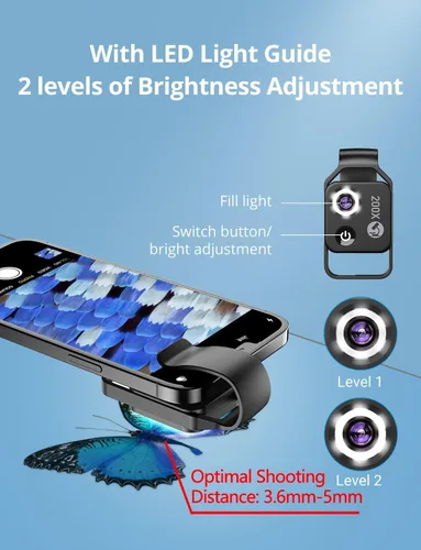 Vista 5 de Mini microscopio de bolsillo para teléfono 200X con luz LED/clip universal, accesorios de cámara de microscopio digital portátil Nano Zoom para 99%